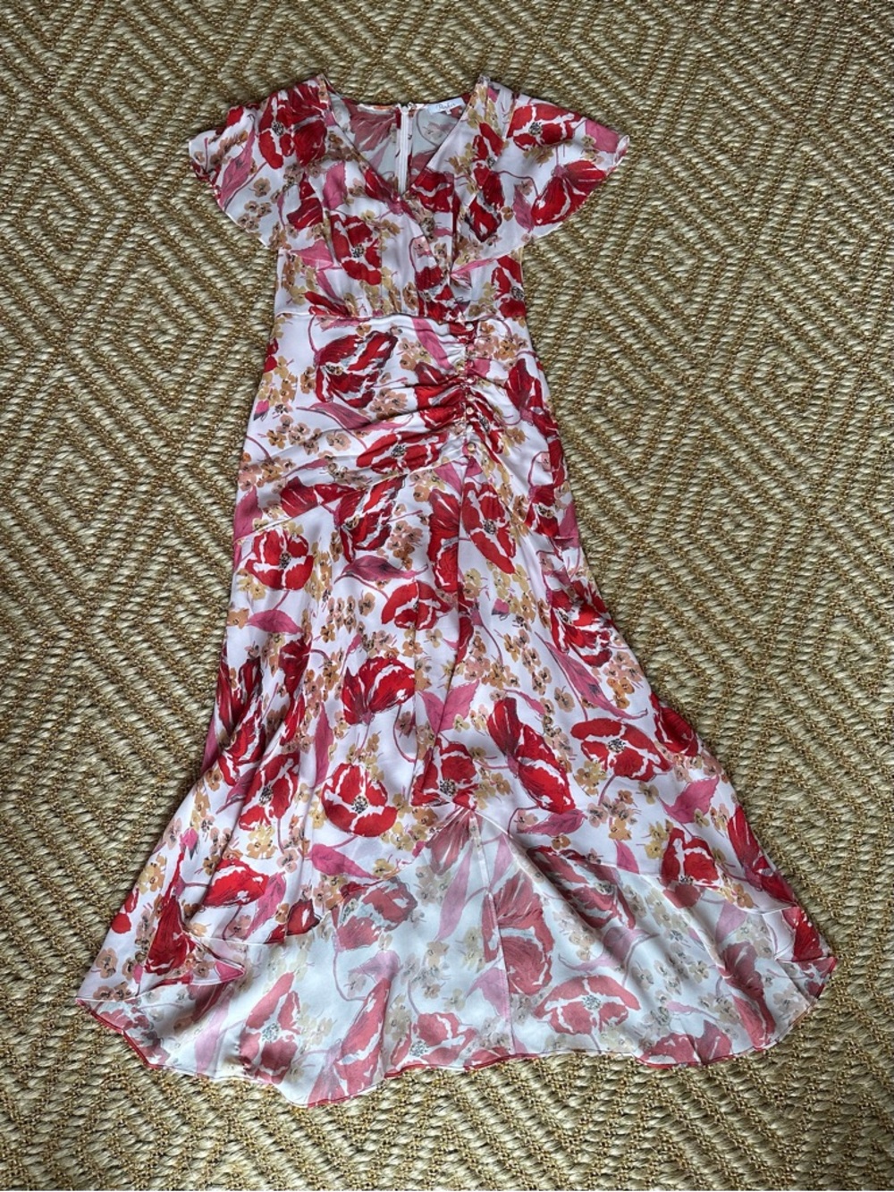 Parker Flutter Sleeve Silk Floral Maxi Dress in Red, Pink and Cream